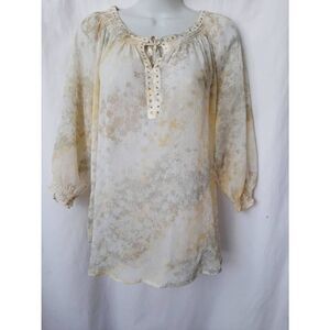 Heart of palms yellow sequin bling front tie keyhole baloon sleeve sz 10 sheer b